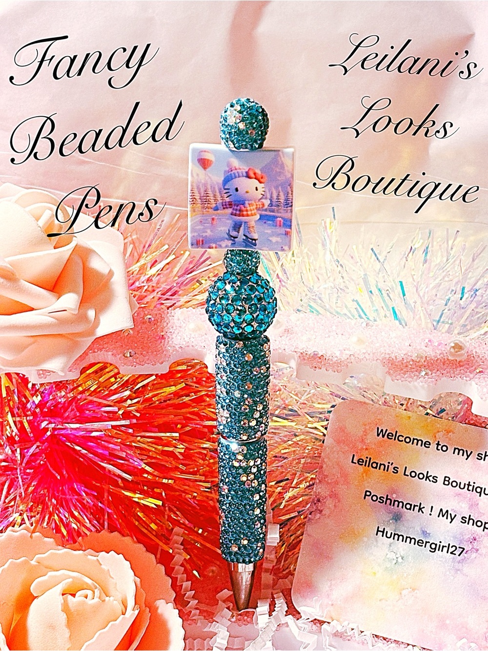 Teal Crystal Bling Pen with Cute Character Topper/hello kitty/winter time/